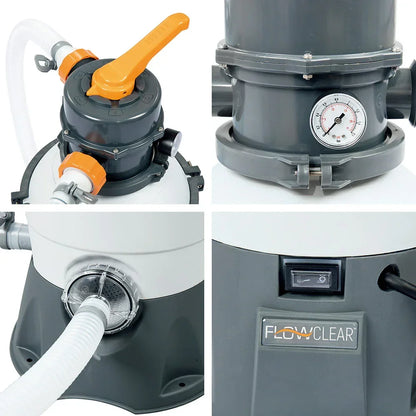 Pool sand filter pump with control valve, pressure gauge, and Flowclear label close-ups