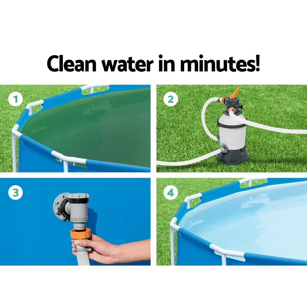 Step-by-step pool sand filter system cleaning dirty above ground pool water, before and after