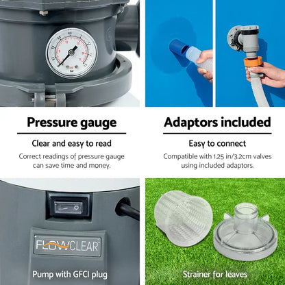 Flowclear pool pump with pressure gauge, hose adaptors, GFCI plug, and leaf strainer.