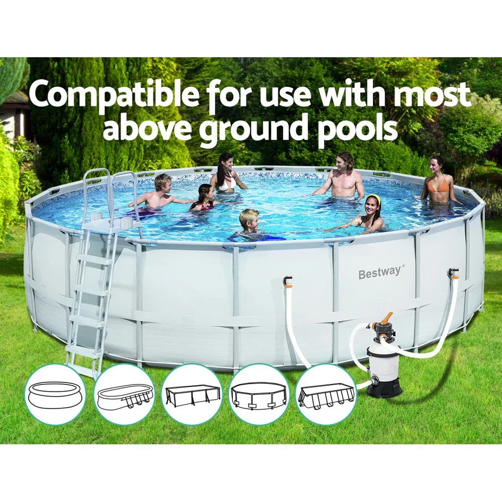People enjoying an above ground swimming pool outdoors with filter pump and pool ladder.