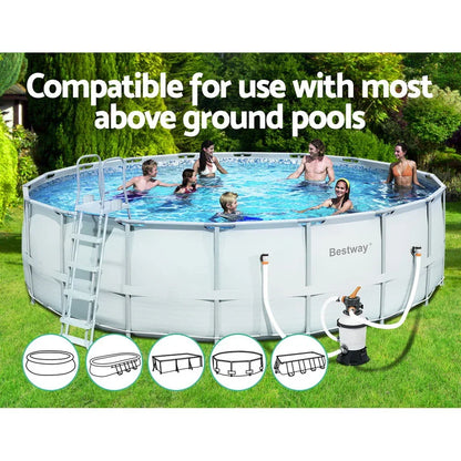 People enjoying an above ground swimming pool outdoors with filter pump and pool ladder.
