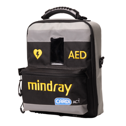 Grey and black AED carrying bag with yellow heart symbol, zippered compartments, and top handle