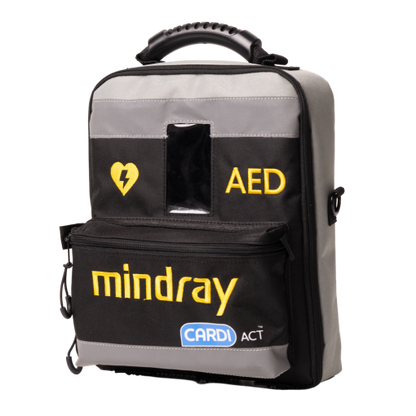 Grey and black AED carrying bag with yellow heart symbol, zippered compartments, and top handle