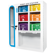 Wall-mounted first aid station with colored emergency medical supply modules