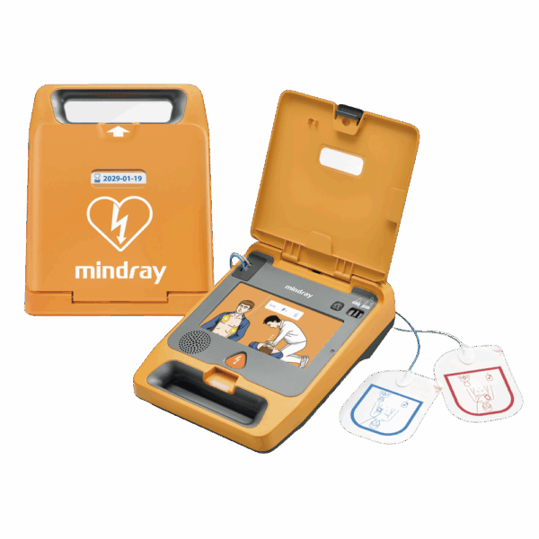 Yellow Mindray AED defibrillator with open and closed views, electrode pads visible