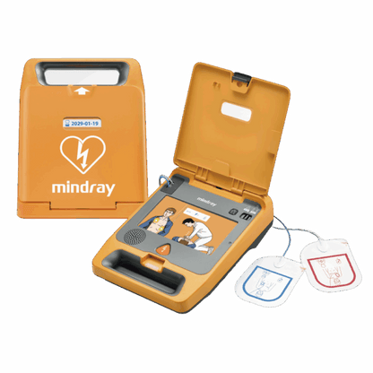 Yellow Mindray AED defibrillator with open and closed views, electrode pads visible