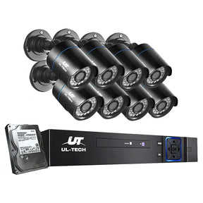 8 black outdoor security cameras with DVR recorder and hard drive, video surveillance system