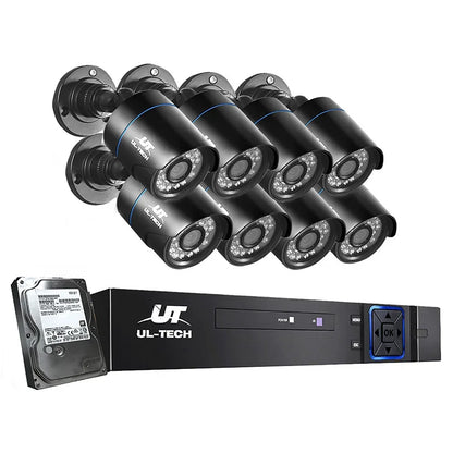 8 black outdoor security cameras with DVR recorder and hard drive, video surveillance system