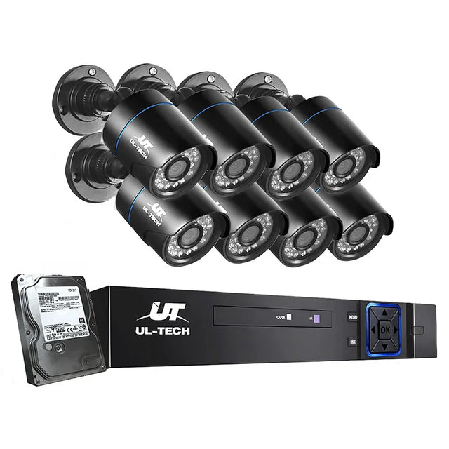 8 black outdoor security cameras with DVR recorder and hard drive, video surveillance system