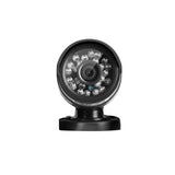 Outdoor security camera with night vision LEDs, black base, front view on white background