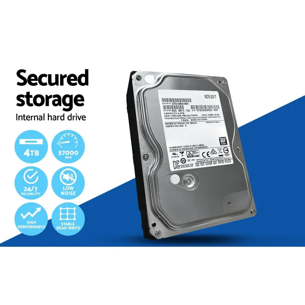 4TB internal hard drive with high performance, low noise, secure storage features displayed.