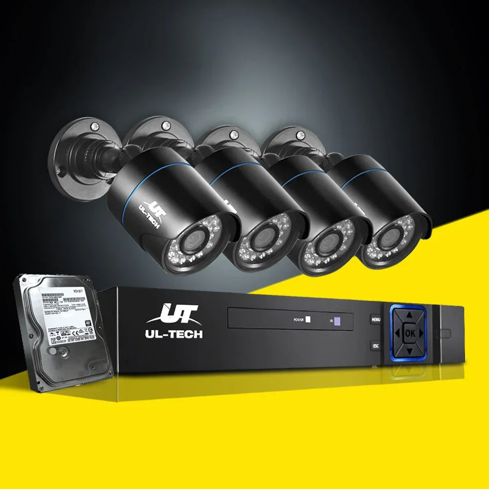 UL-TECH security camera system with four black bullet cameras, DVR unit and hard drive