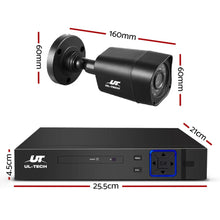 Black CCTV security camera and DVR recorder with dimensions labeled in millimeters and centimeters.