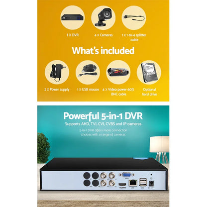5-in-1 DVR security camera system with 4 cameras, power supplies, cables, mouse, and hard drive option.