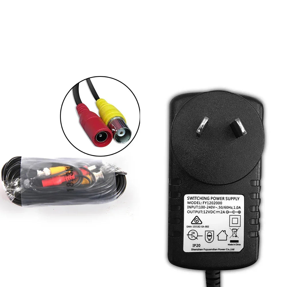 CCTV camera power adapter with red and yellow RCA connectors and bundled cable.