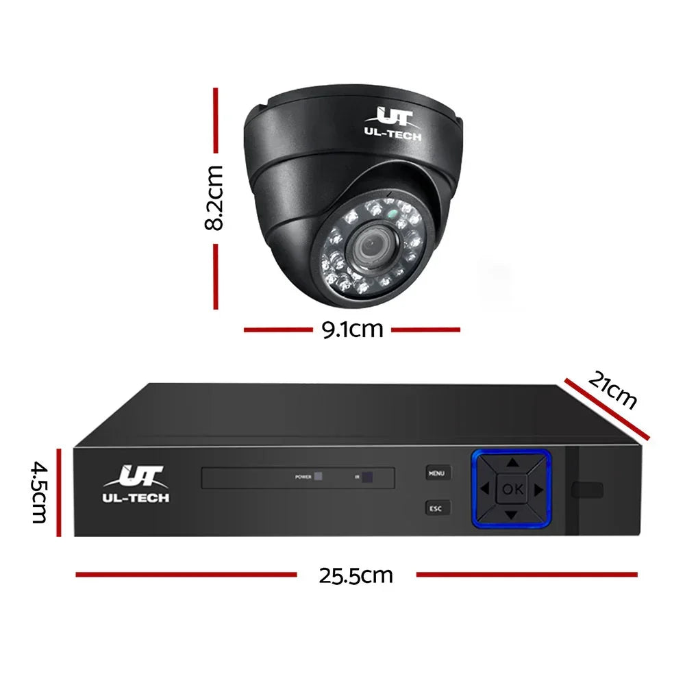 Black dome CCTV security camera and DVR recorder with dimensions marked in centimeters