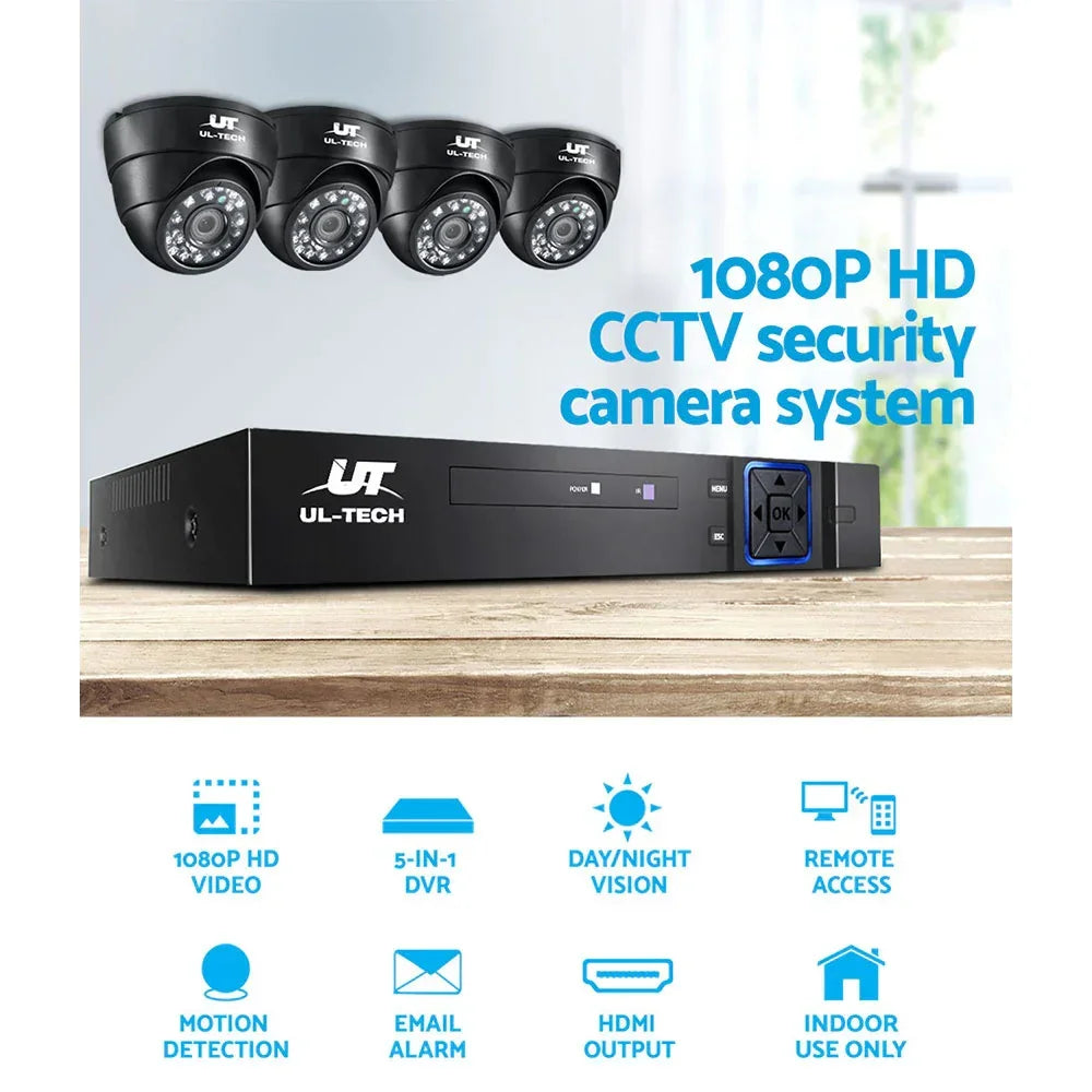 UL-Tech 1080P HD CCTV security camera system with four dome cameras and DVR, indoor use.
