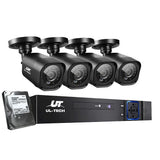 Four black outdoor security cameras with DVR recorder and hard drive, surveillance system kit