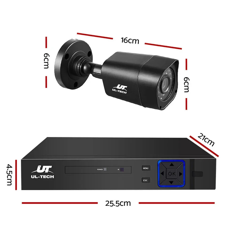 Black security camera and DVR system with visible measurements and UL-Tech branding.