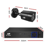 Black security camera and DVR system with visible measurements and UL-Tech branding.