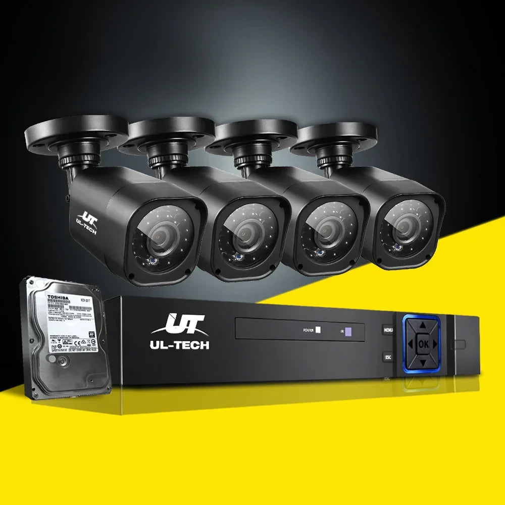 UL-Tech security camera system with four CCTV cameras, DVR recorder, and hard drive