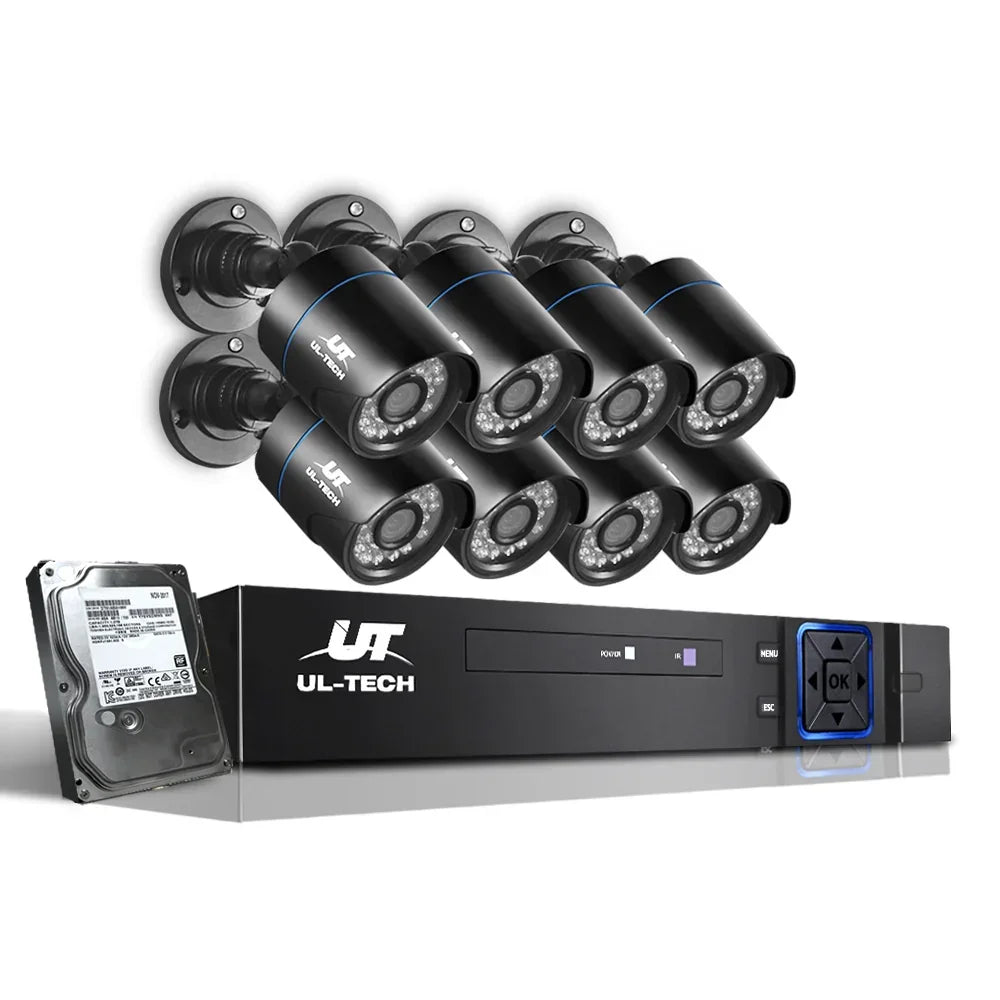 UL-TECH 8-channel security camera system with black CCTV cameras, DVR, and hard drive