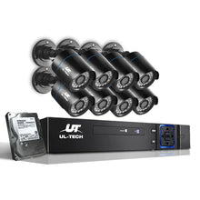 UL-TECH 8-channel security camera system with black CCTV cameras, DVR, and hard drive