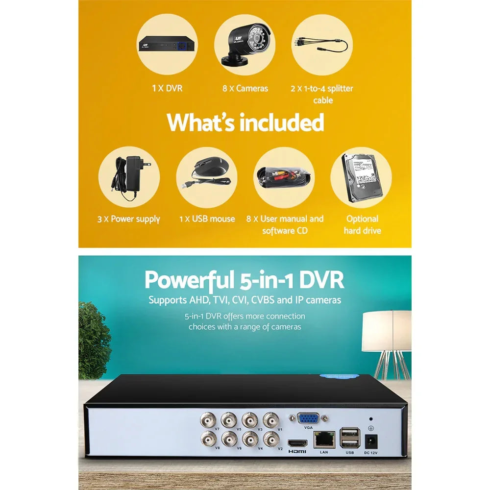 8 channel CCTV security camera system with DVR, cameras, power supply, and accessories.