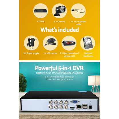 8 channel CCTV security camera system with DVR, cameras, power supply, and accessories.