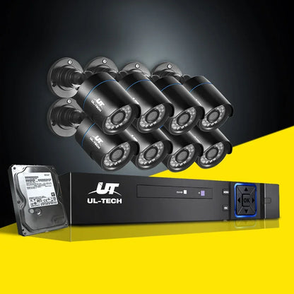 Eight black CCTV security cameras with DVR recorder and hard drive on a black and yellow background