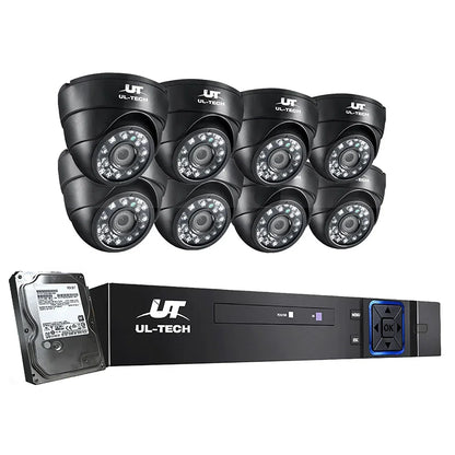 Eight black UL-TECH CCTV dome cameras, DVR recorder, and hard drive security system kit