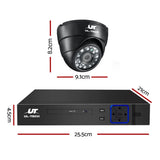 Black UL-TECH CCTV security camera and DVR recorder with dimensions displayed