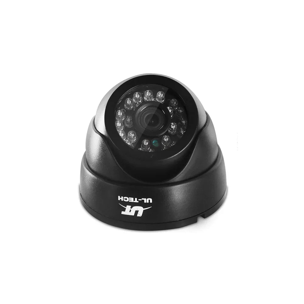 Black dome security camera with infrared LEDs on white background