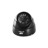 Black dome security camera with infrared LEDs on white background