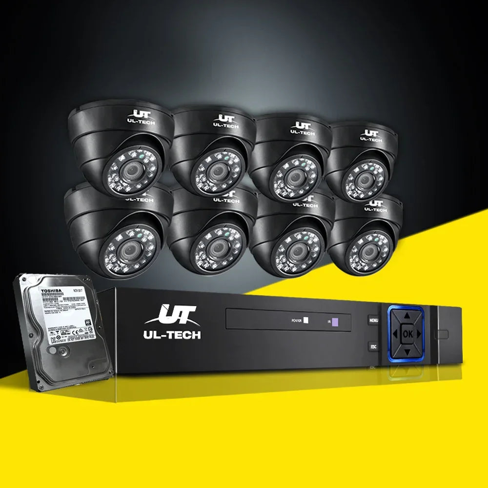 UL-TECH security camera system with eight dome cameras, DVR, and hard drive on yellow background.