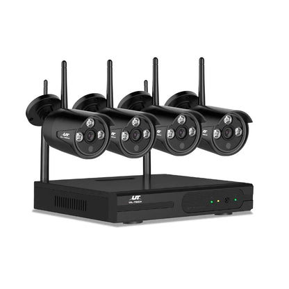 Wireless security camera system with four black bullet cameras and a digital video recorder
