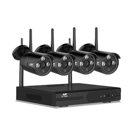 Wireless security camera system with four black bullet cameras and a digital video recorder
