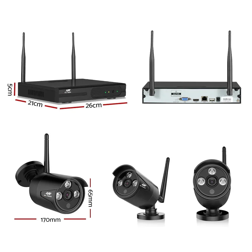 Wireless CCTV security camera system with antennas, dimensions shown, black cameras and recorder.