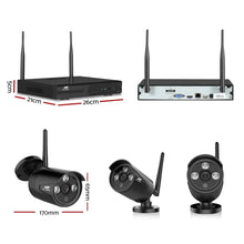 Wireless CCTV security camera system with antennas, dimensions shown, black cameras and recorder.