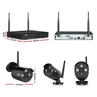 Wireless CCTV security camera system with antennas, dimensions shown, black cameras and recorder.
