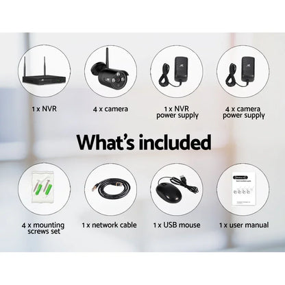 CCTV security camera kit contents: NVR, 4 cameras, power supplies, network cable, USB mouse, screws, manual.