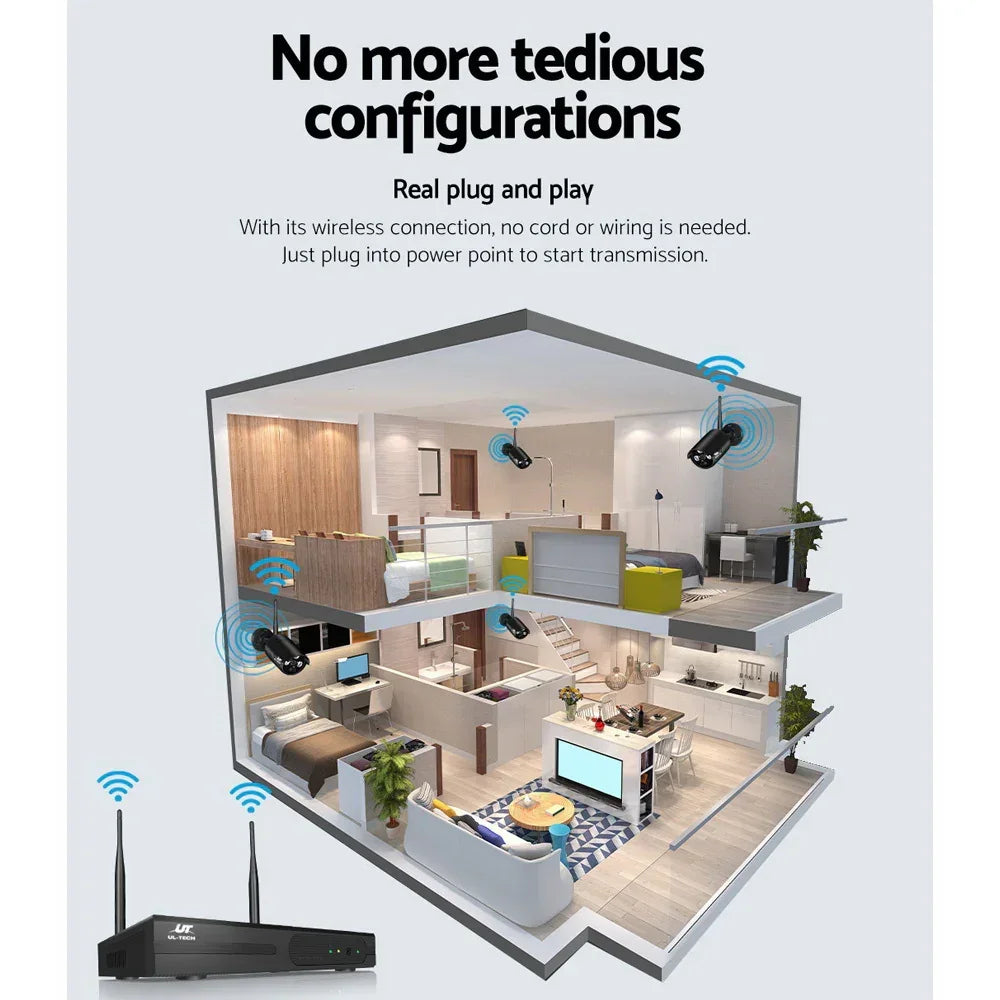 Wireless home security camera system with plug and play setup displayed in a modern house diagram.
