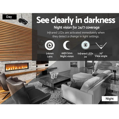 Indoor security camera day and night view, night vision, infrared LEDs, wide angle coverage.