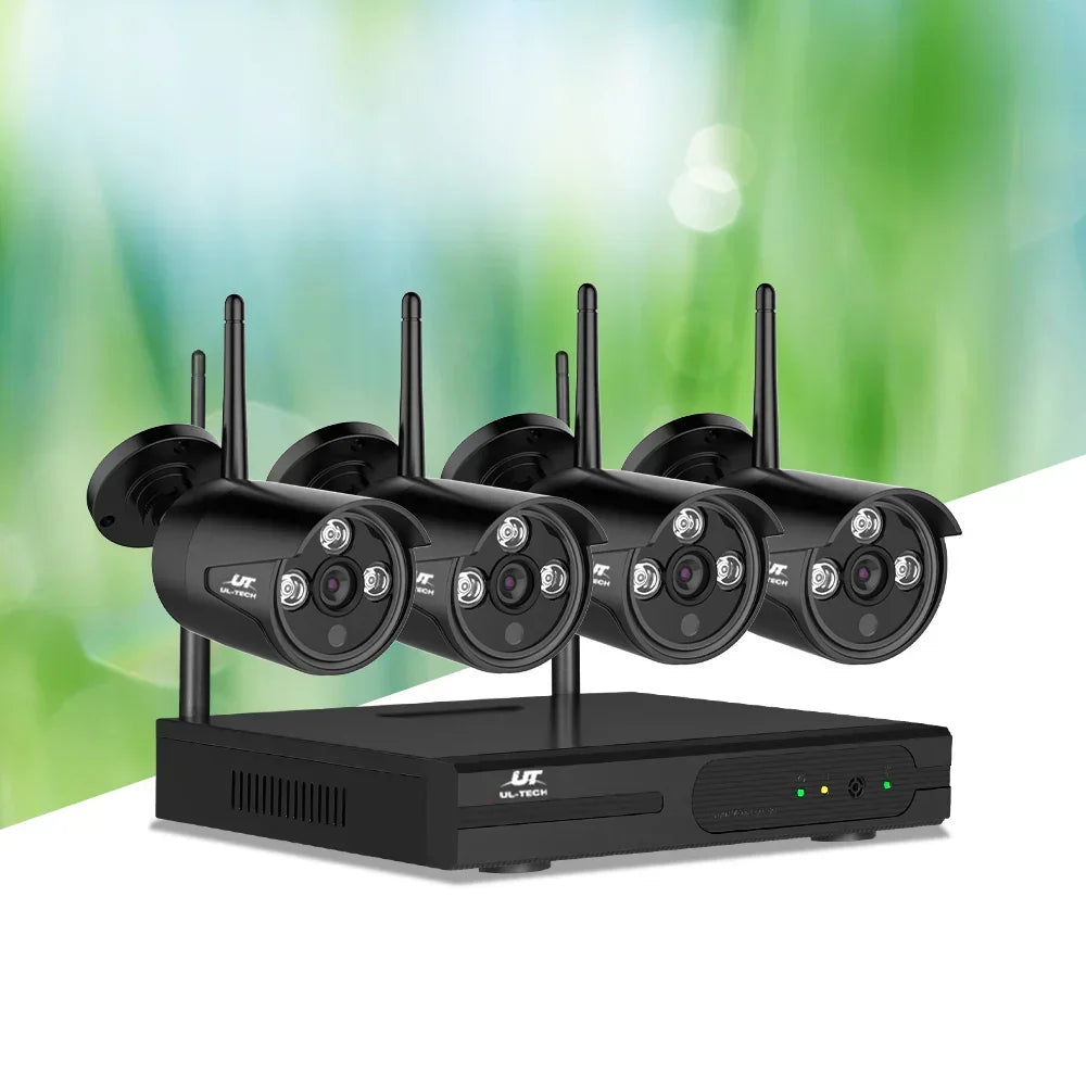 Wireless security camera system with four black outdoor cameras and DVR recorder