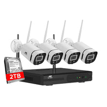 Wireless security camera system with four cameras, NVR box, and 2TB hard drive