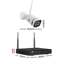 Wireless CCTV security camera and recorder set with dimensions labeled in centimeters.