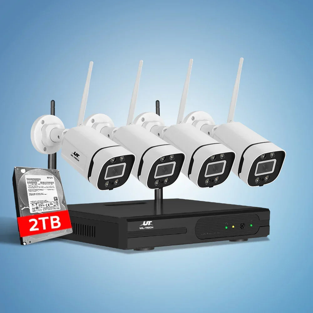 Wireless security camera kit with four cameras, DVR recorder, and 2TB hard drive