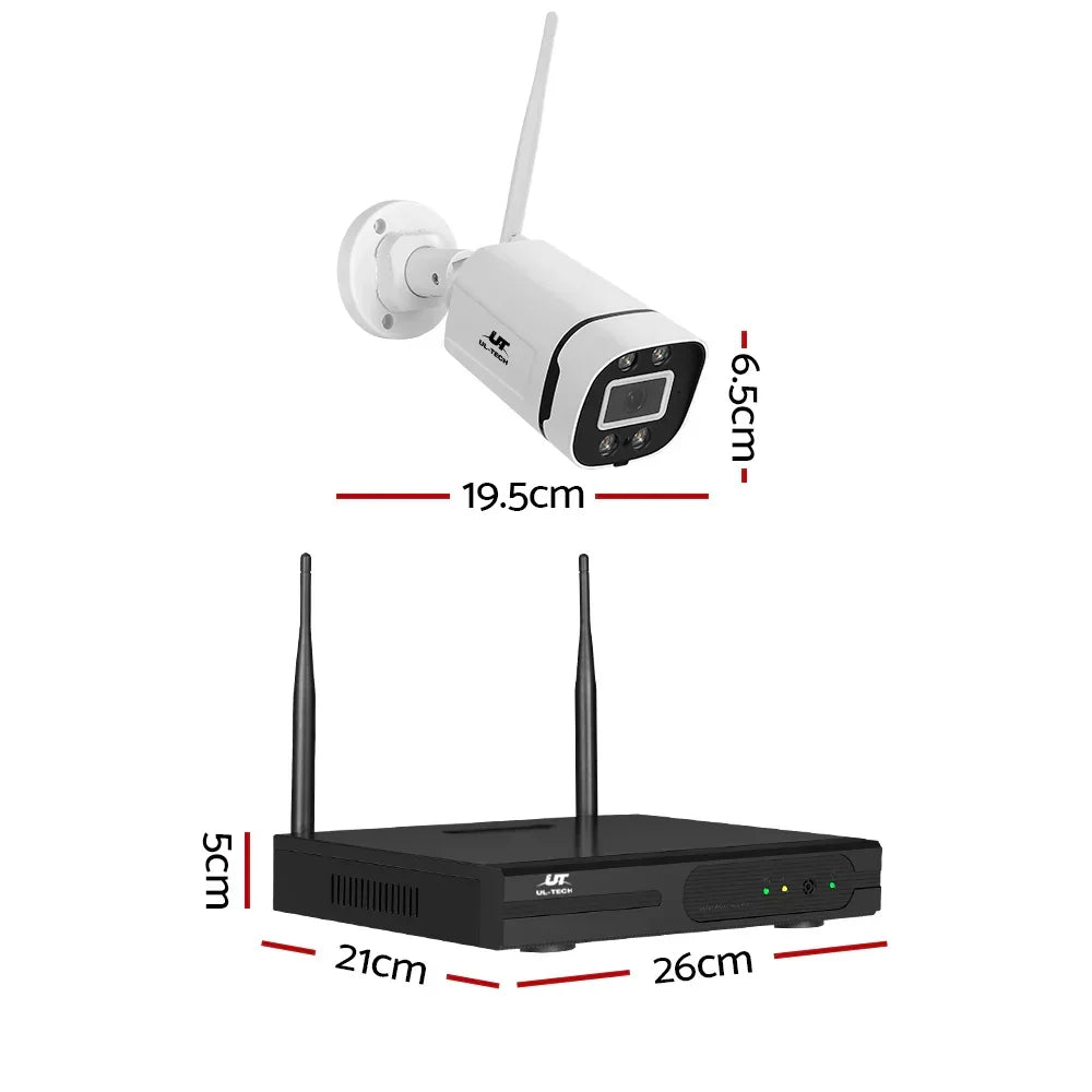 Wireless CCTV security camera and receiver with antennas, labeled dimensions in centimeters