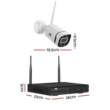 Wireless CCTV security camera and receiver with antennas, labeled dimensions in centimeters