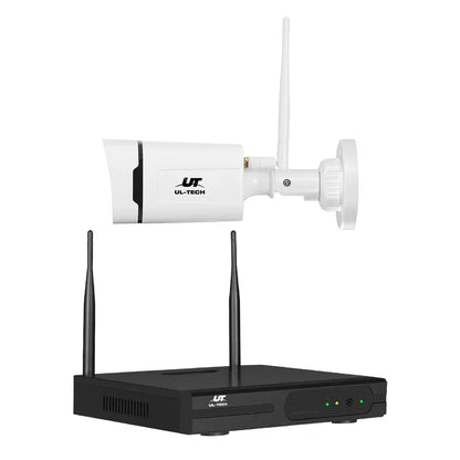 Wireless outdoor security camera and NVR system with antennas, white and black design